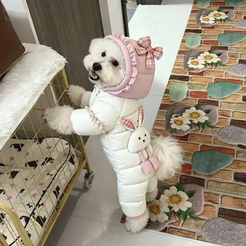 Macacão de inverno quente para cães, macacão de cachorro grosso de 4 pernas, jaqueta para cães para raças pequenas e médias, design de coelho fofo com bolsos