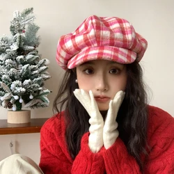 Ins New Fashion Color Matching Plaid Wool Berets Cap for Women Show Face Small Winter Casual Warmth Versatile Retro Newsboy Hat