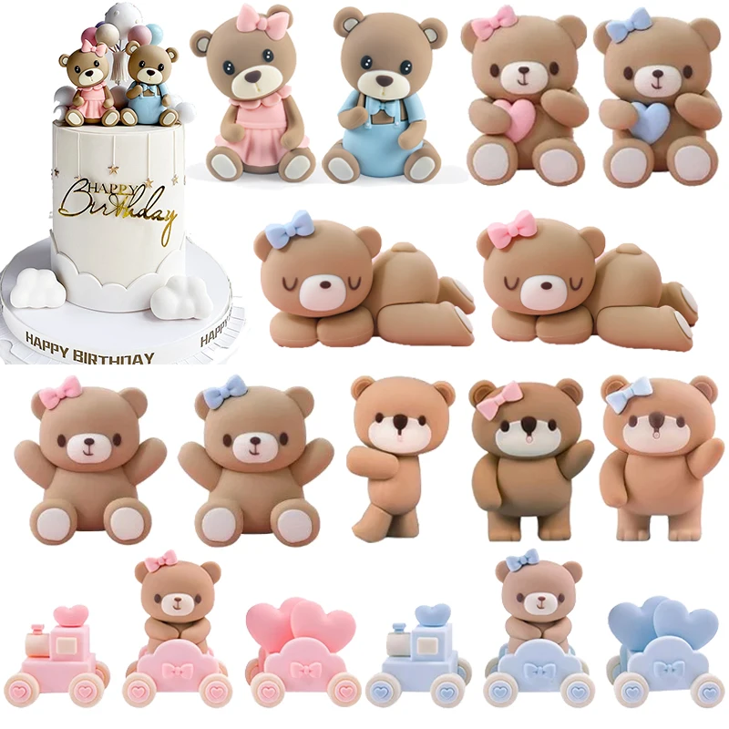 New 3D Pink Blue Bear Cake Topper Cute Mini Bear Doll Cake Decoration Boy Girl Birthday Party Gender Reveal Baby Shower Supplies