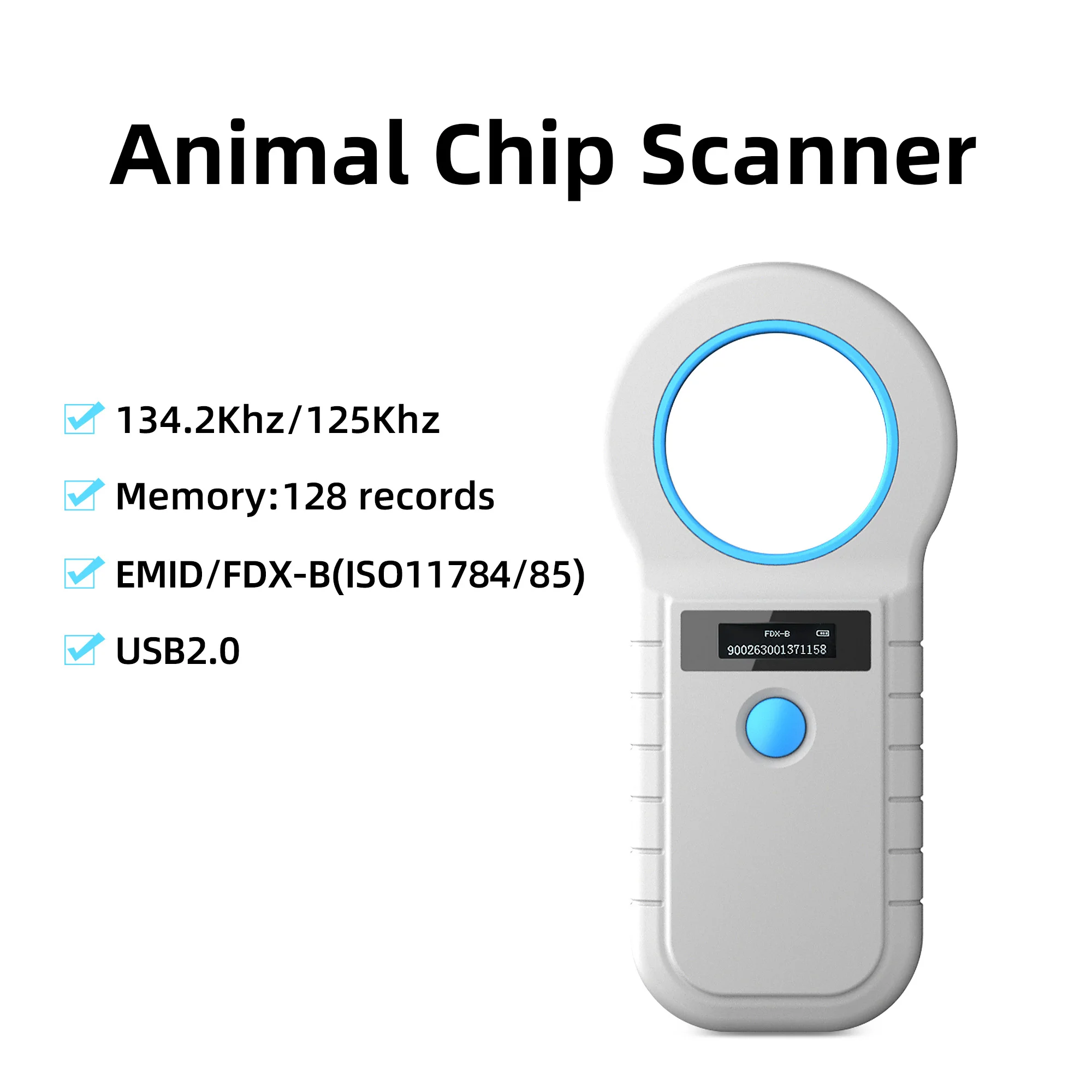 Lector de identificación RFID portátil para mascotas, escáner de Microchip con etiqueta para la oreja, para gato, pez, perro, vaca y oveja, 134,2