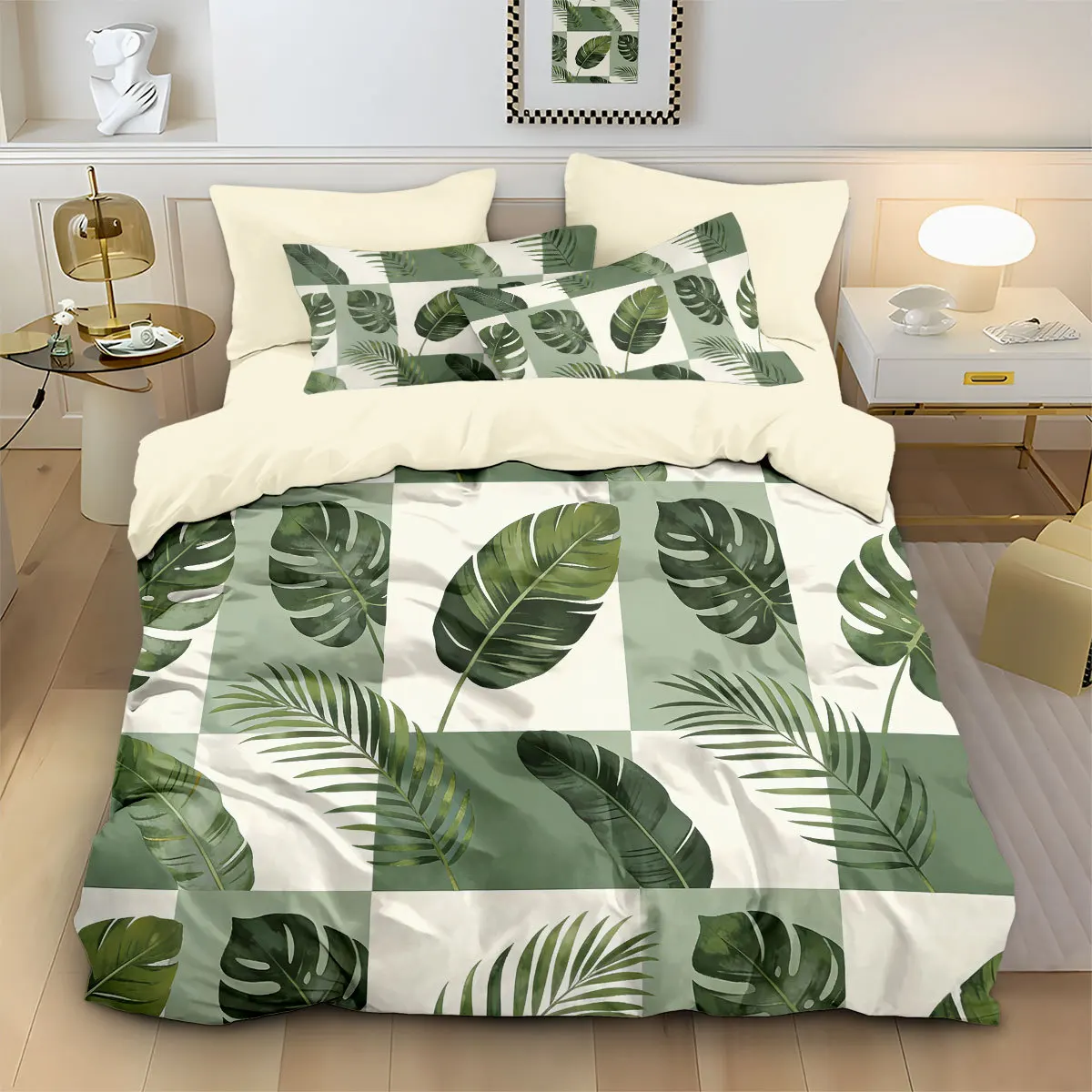 Green Plant Leave Bedding Set 3D Print Brushed Duvet Cover for Bedoom Dormitory Decor, 1 Duvet Cover and 2pillowcase with Zipper