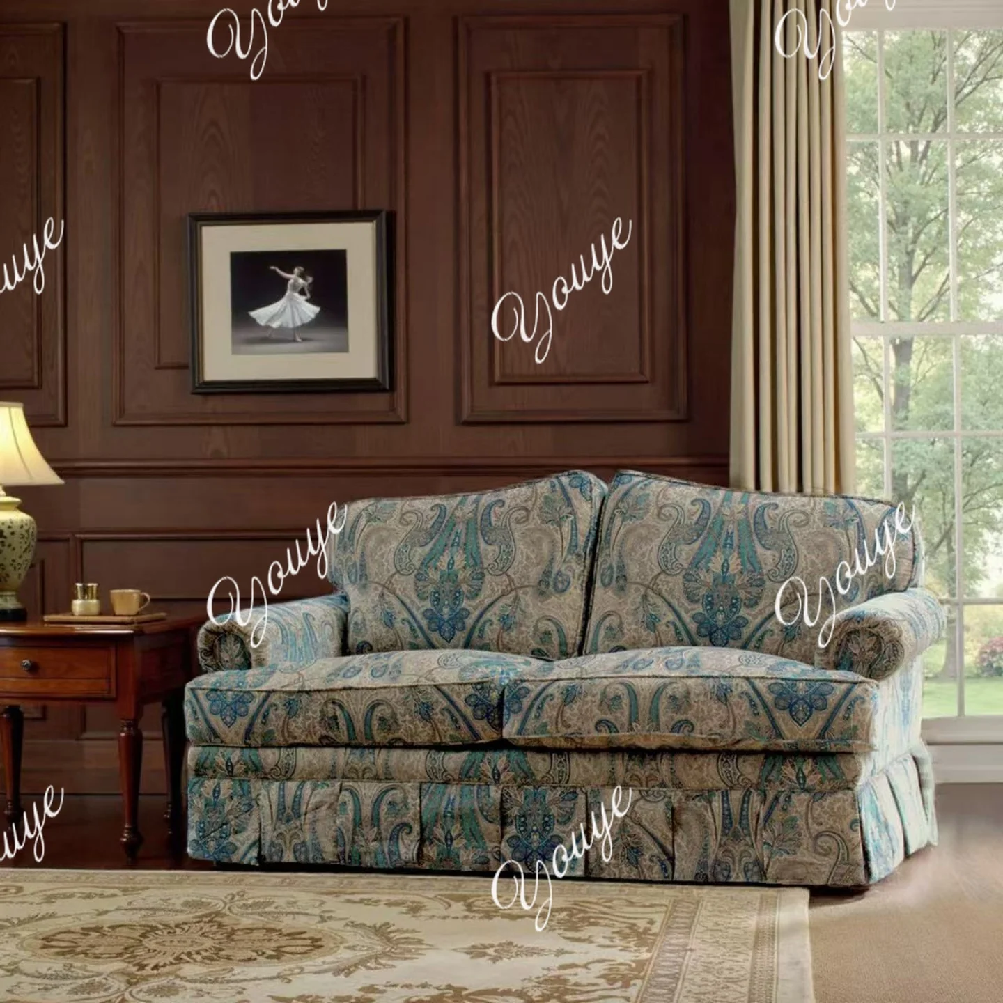 Sofá retro de estilo americano y británico para sala de estar, dormitorio, tela francesa de madera maciza, villa de alta gama, respaldo alto