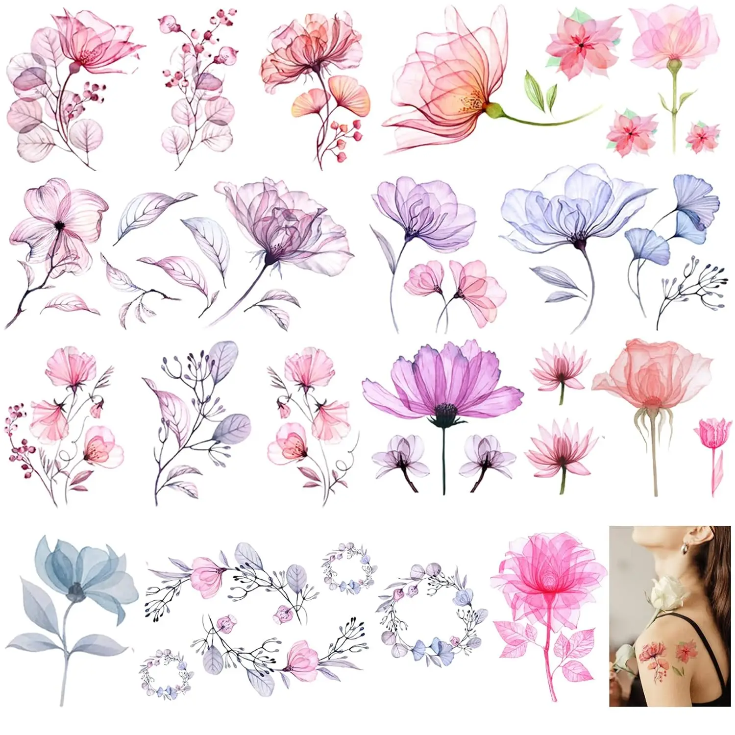 

Flower Temporary Tattoos for Women, 10 Sheets Fake Watercolor Rose Lily Tattoo Stickers Waterproof