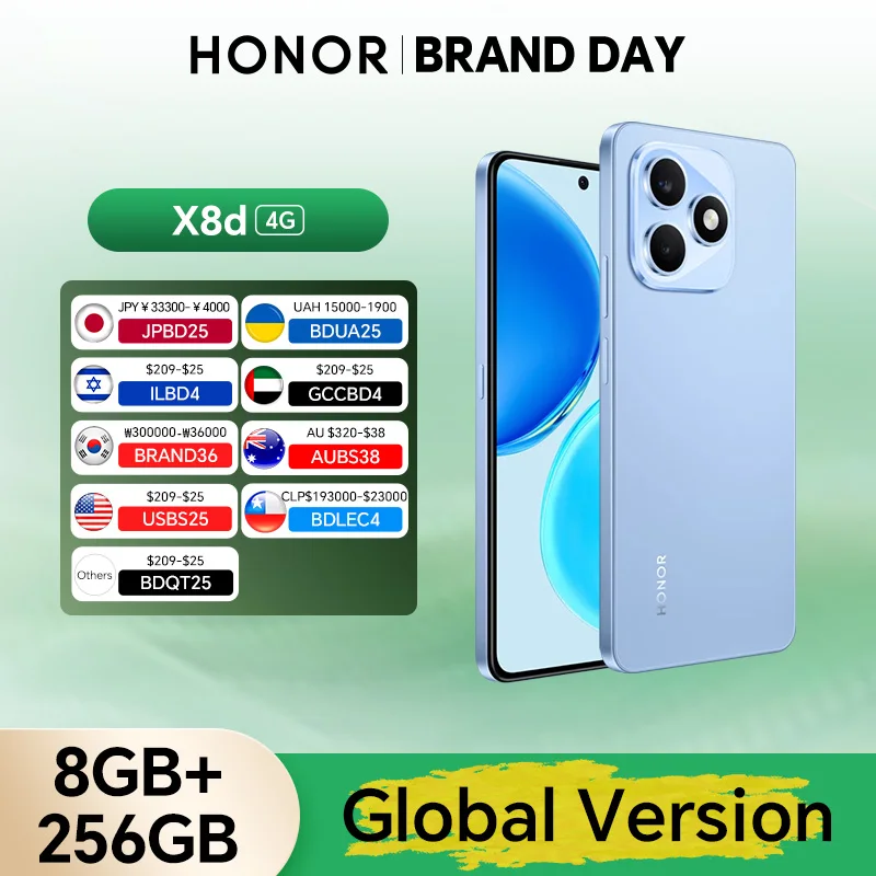 New Global Version HONOR X8d 4G 8GB+256GB 6.77'' AMOLED Screen 108MP Main Camera 7000 mAh 45W SuperCharge Dual SIM Android 16