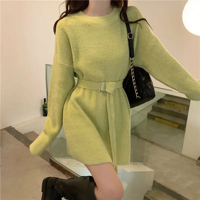 Autumn Winter New Ladies' Pullover Knitted Bottoming Shirt Slim Waist  Slim Sweater Skirt The Round Neck Sweater Warm And Long