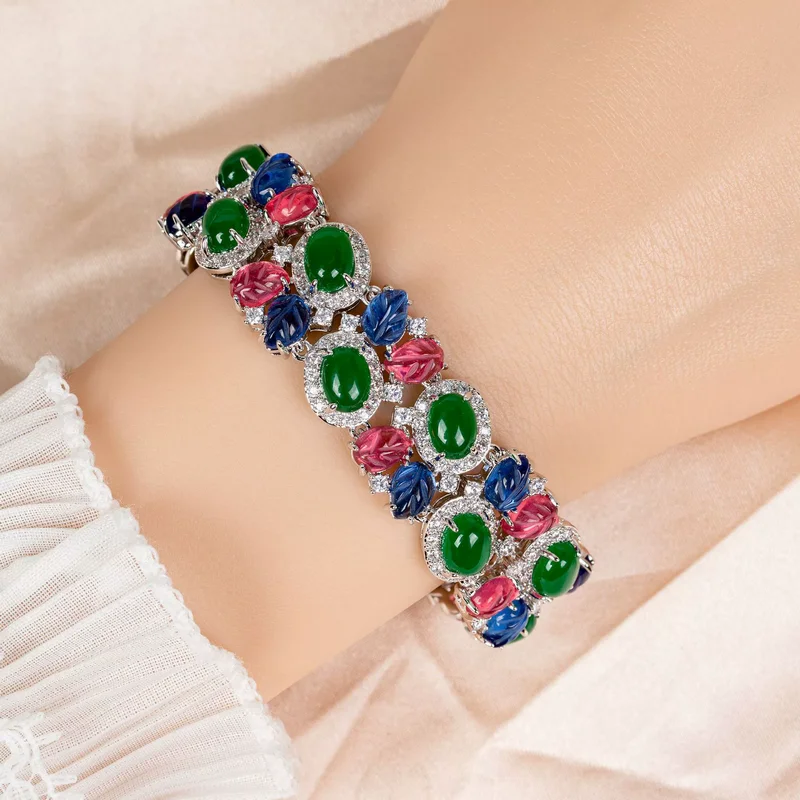 

Designer Collection Style Bracelet Women Lady Double-row Inlaid Cubic Zircon Synthetic Emerald Sapphire Foliage Oval Chain