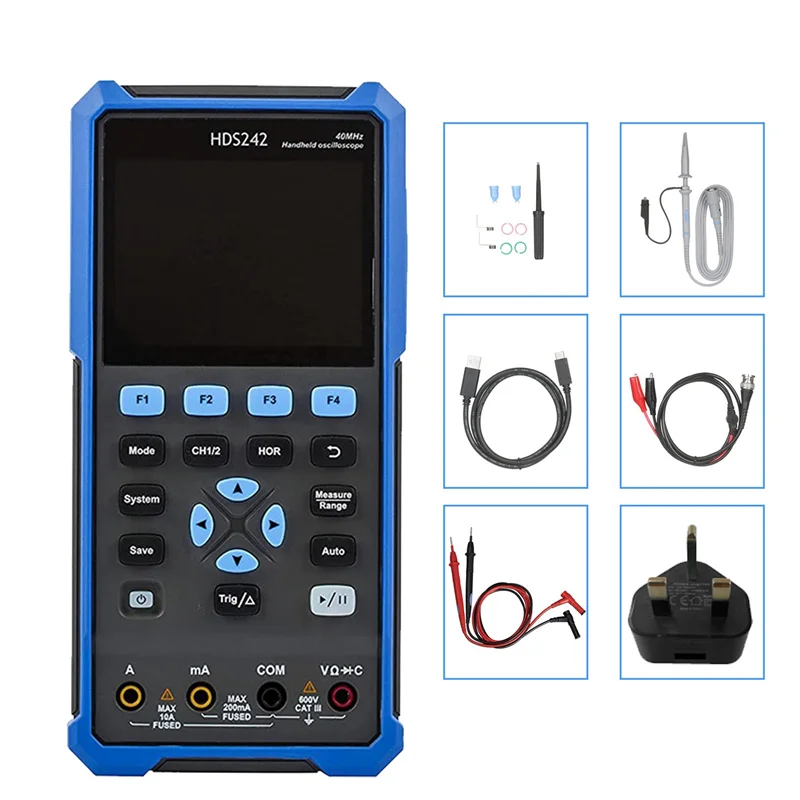 HDS242 3.5 Inch Oscilloscope Multimeter Waveform Generator 2CH 40MHz 4 1/2 Digit Handheld Digital UK Plug