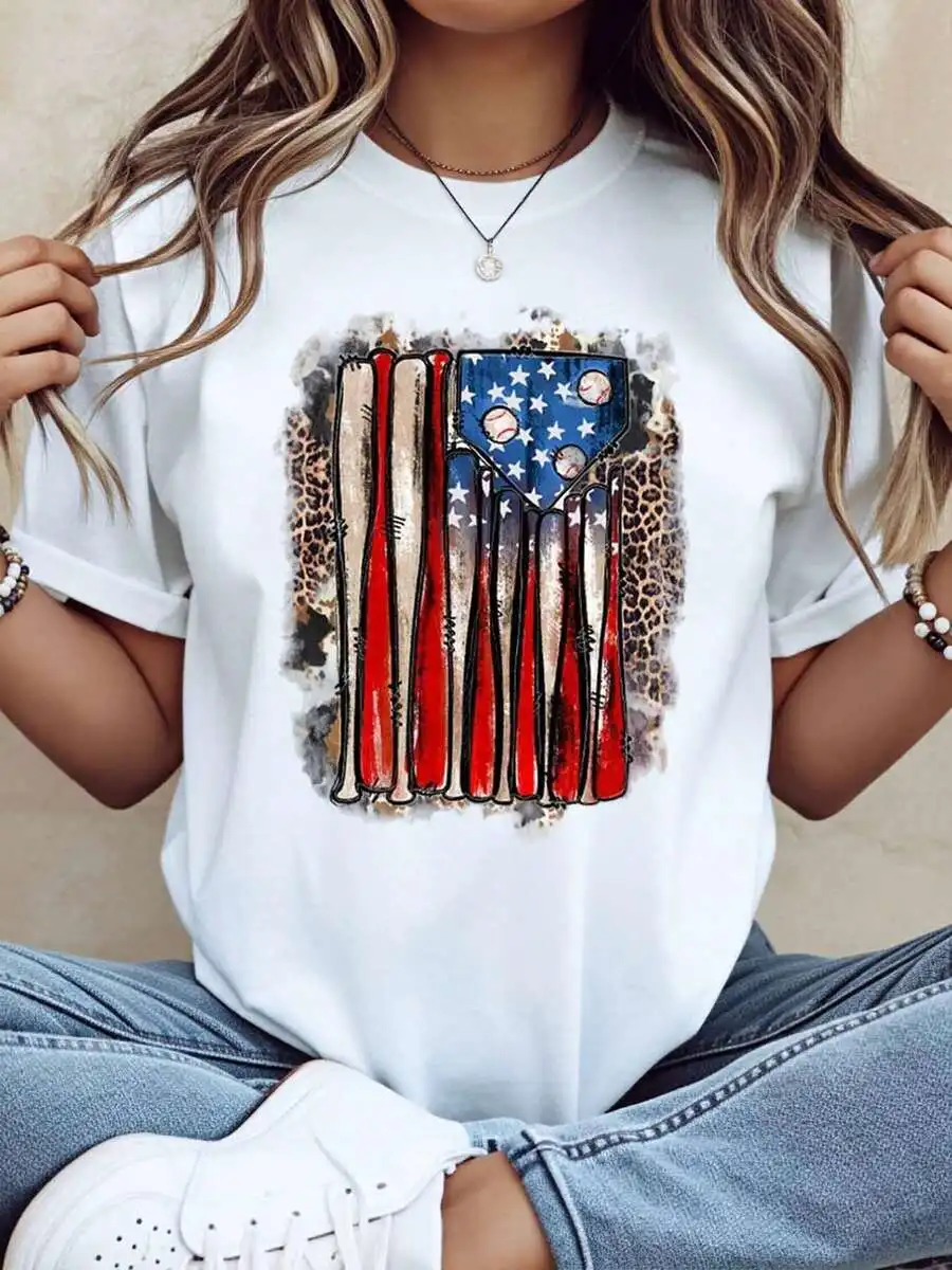 

Crew Neck T-Shirt With American Flag Print Casual Tee 220g