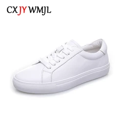 CXJYWMJL Cowhide Skate Shoes for Women Spring Casual Vulcanized Shoes Ladies Genuine Leather Sneakers Autumn Small White Flats