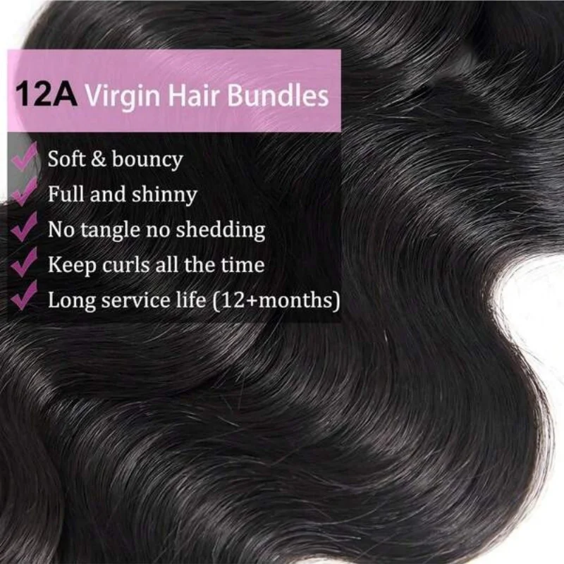 Paquetes de cabello humano body wave de 42 pulgadas, negro natural, brasileño virgen, 12A sin procesar, extensiones reales 3
