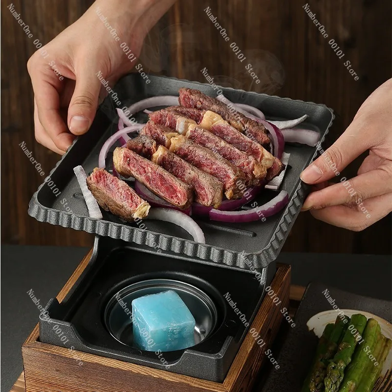 Korean BBQ Grill Set Cast Iron Square Roasting Pan with Alcohol Stove Heating Restaurant Tableware Kit Single Double Meal