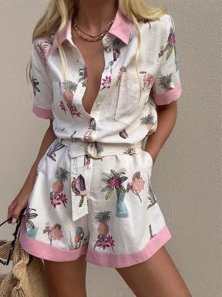 

Women's Elegant Linen Button Cardigan Jumpsuit Fashion Printed Lace-Up Casual Office Romper with Lapel Shirt Design