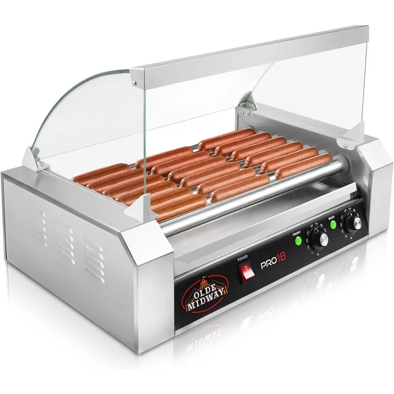 Olde Midway Electric 18 Hot Dog 7 Roller Grill Cooker Machine with Cover 900-Watt - Commercial Grade