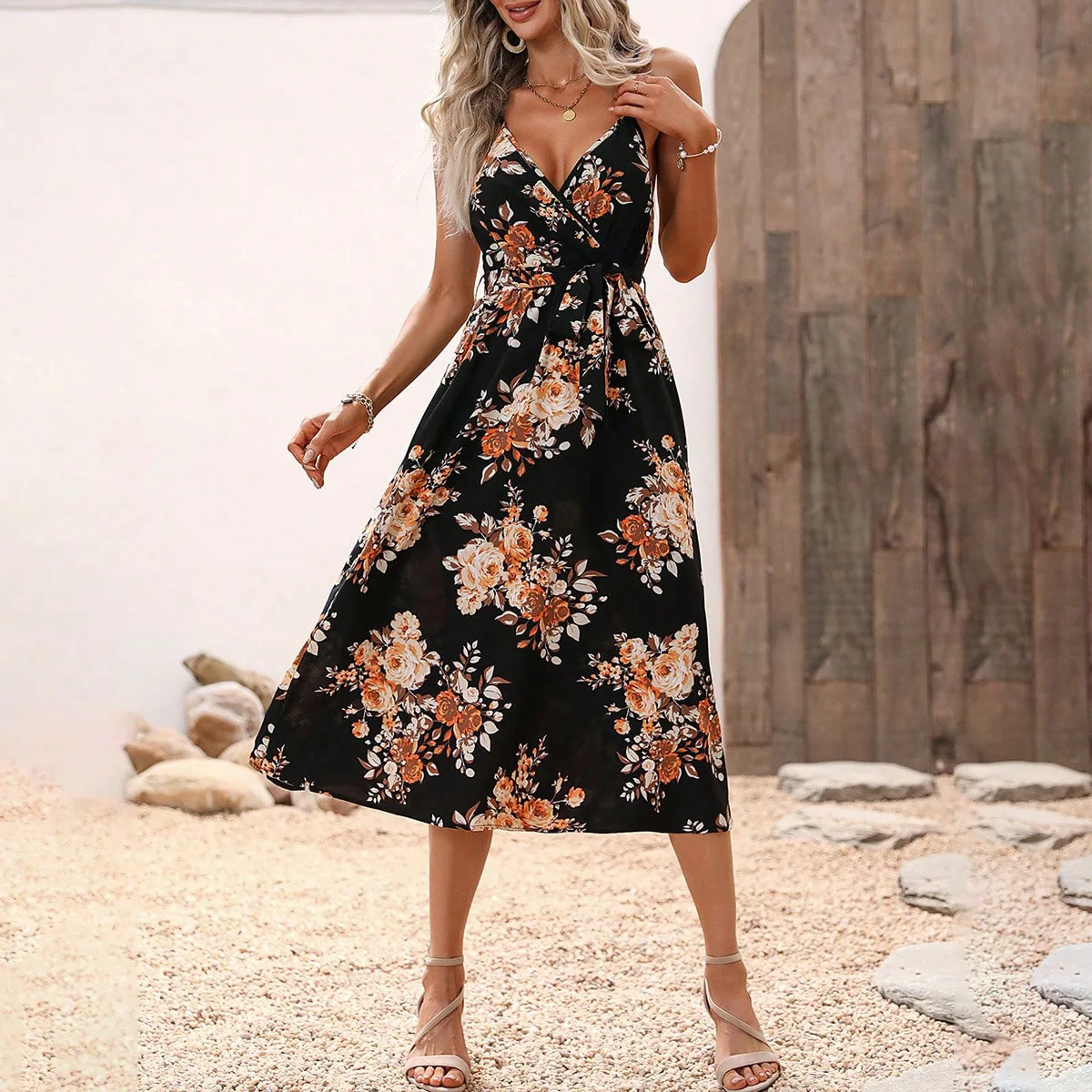 

High Quality 2024 Women Elegant Print Sexy Waist Strap V-neck Dress Vestidos Vintage Beach Dress Streetwear Sexi Night Dress Hot