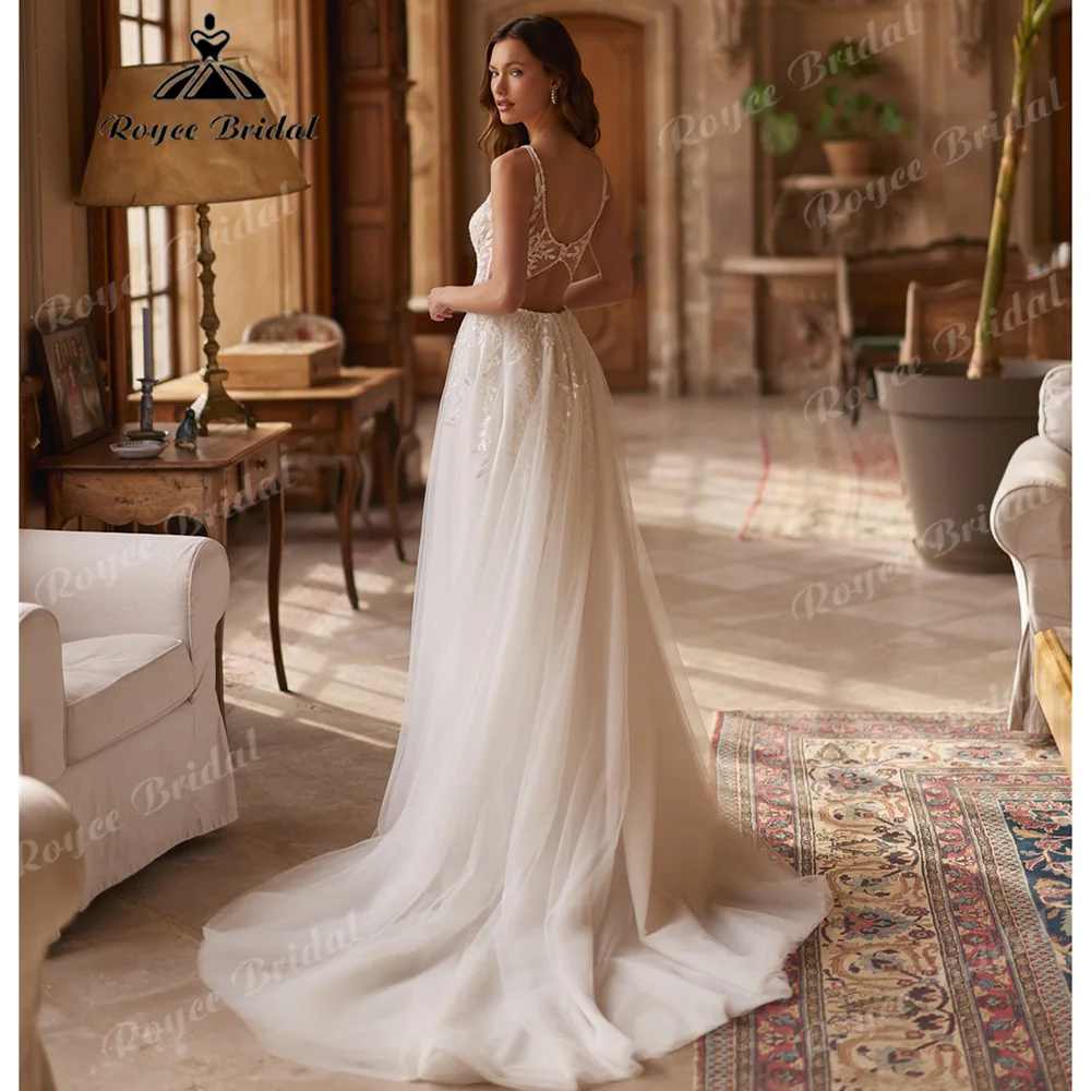 2027 Boho A-Line Wedding Dress Spaghetti Straps V Neck Beaded Lace Bridal Gown Cutout Open Back High Slit Glitter Tulle Customiz