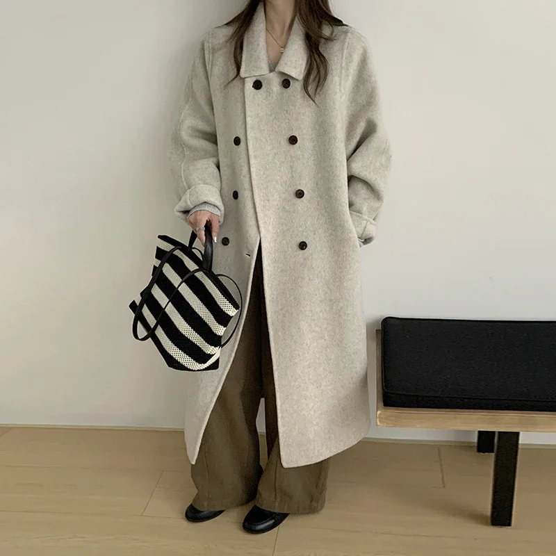 New double-sided wool coat for women's medium and long straps, double-breasted loose Korean wool coat for women