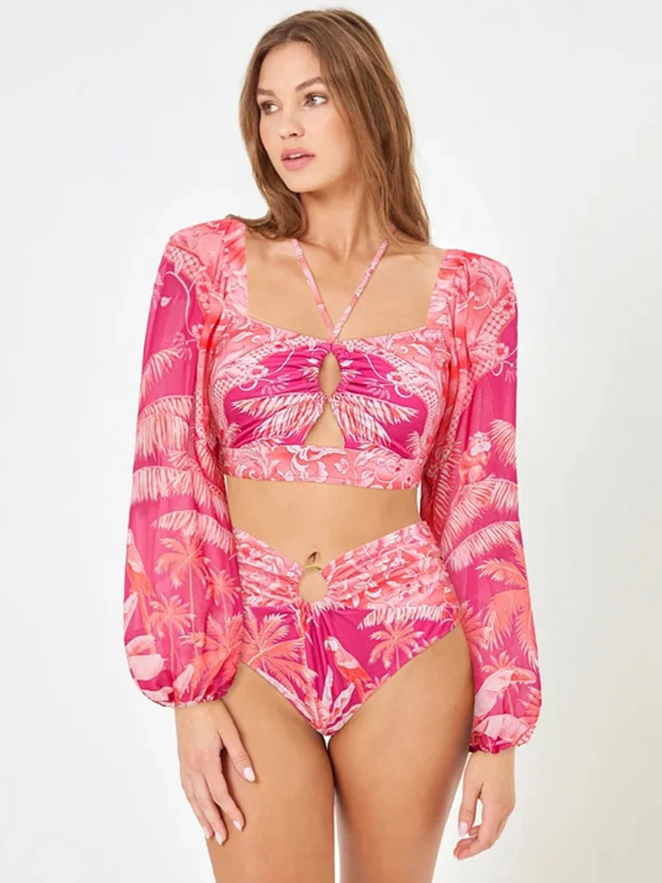 2025 Nuova stampa bikini a maniche lunghe set costume da bagno per donna costumi da bagno a vita alta femminile due pezzi costume da bagno estivo beachwear XL