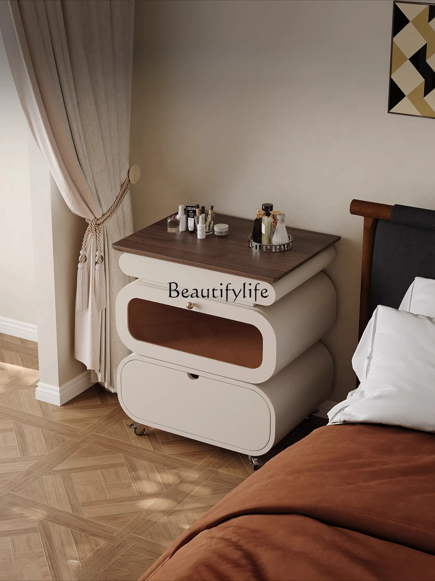 

5Cream wind movable lifting dresser bedside table integrated small apartment bedroom rotating creative small makeup table