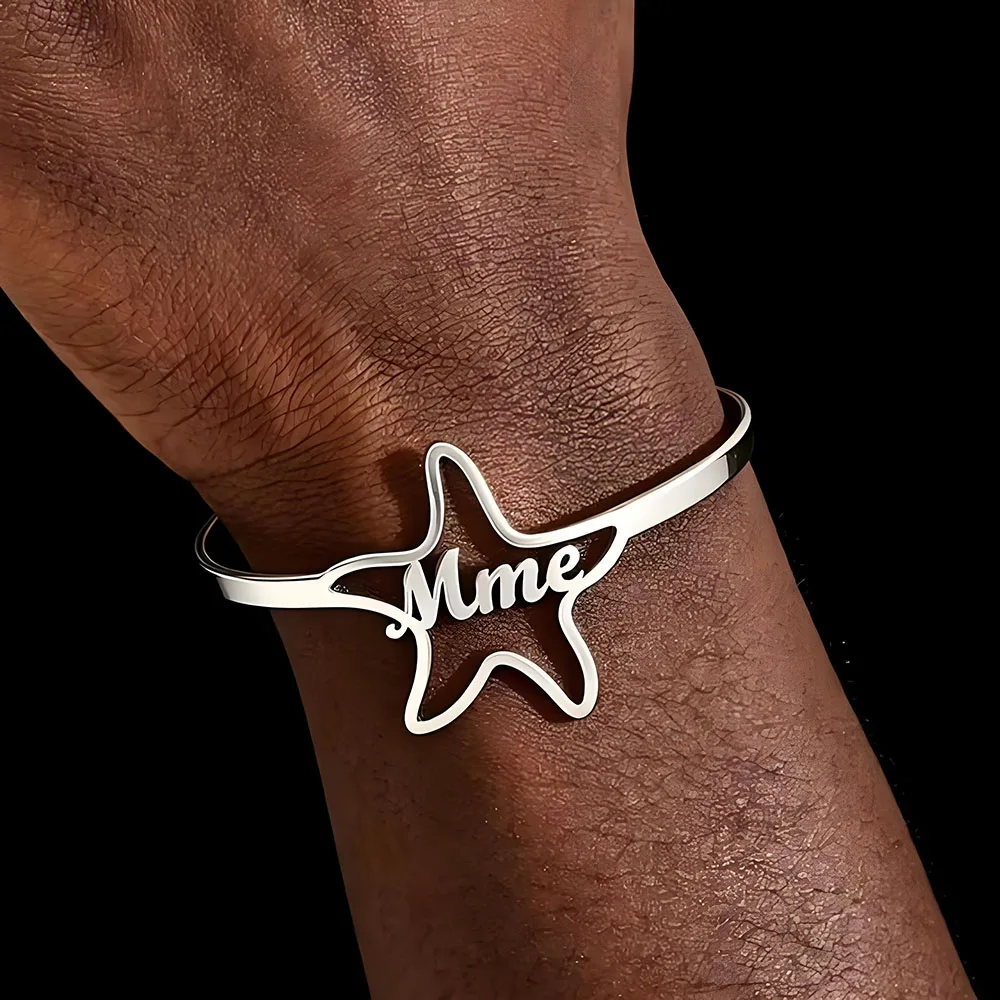 Custom Hollow Star Name Open Cuff Bracelet Personalized Cursive Script Text Bangle 18K Gold Plated Stainless Steel for Women