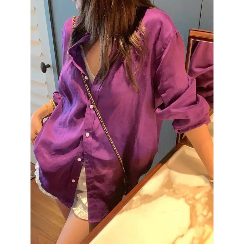 

Women's Purple Linen Cotton Shirt - Relaxed Fit Long Sleeve Blouse Elegant Casual Chic Top