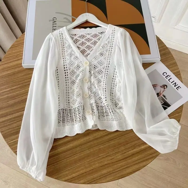 새로운 크로셰 여름 경량 니트 가디건 오픈 프론트 자외선 차단 속이 비치는 레이스 스플라이싱 루즈 탑 셔츠