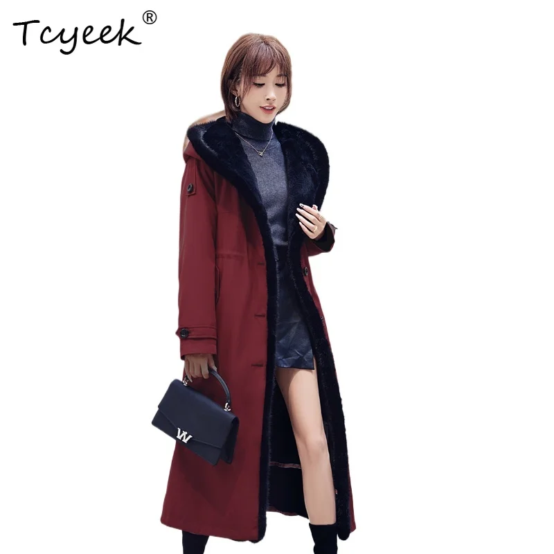 

Tcyeek Autumn Winter High End Trendy Detachable Otter Rabbit Inner Tank Hooded Long Women's Parka Casacas Para Mujer Invierno
