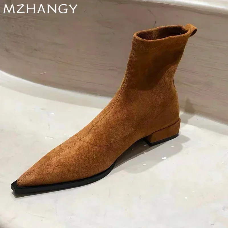 Botines de ante para Mujer, zapatos de tacón, zapatos sexis a la moda con punta en pico, Botas de nieve de tendencia para Mujer, vestido elegante