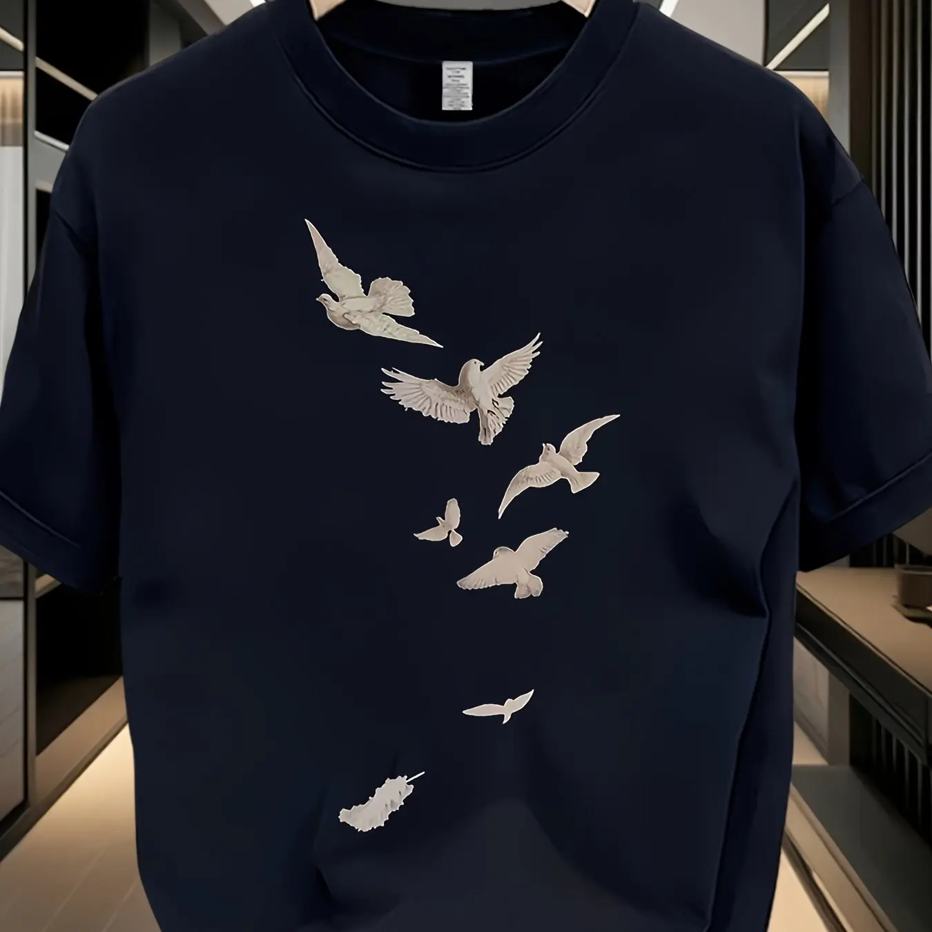 Men Cotton Oversized T-Shirt with White Brown Bird Print Summer Casual Round Neck Short Sleeve Relaxed Fit Large Size