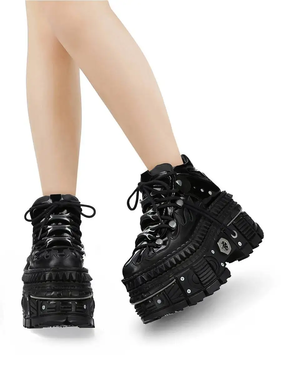 Strappy platform sneakers Punk rock goth style platform shoes Retro metal trim Men's and women's round head high top shoes view 5