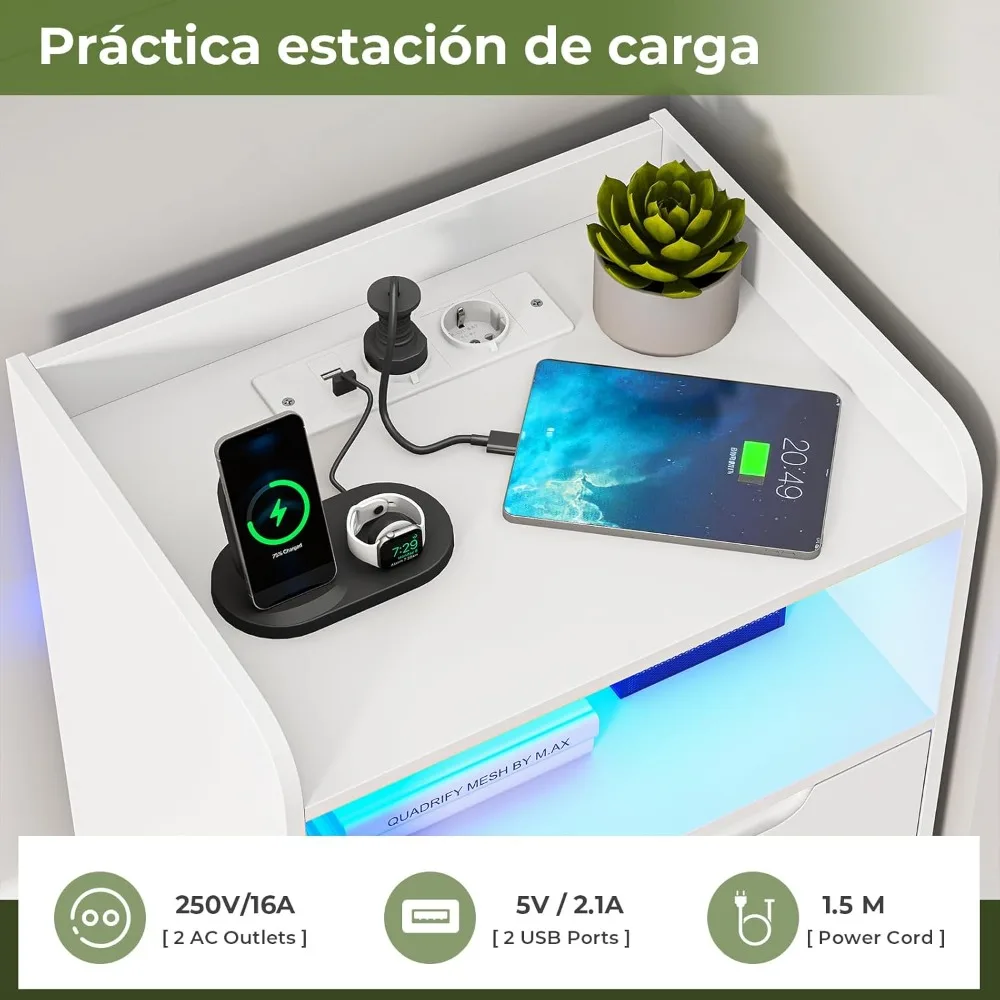 Juego 2 Mesitas Noche con luces LED y Estacional Carga (2 Tomas AC، 2 Portos USB) Mesita Noche Blanca Mesas Auxiliar #4