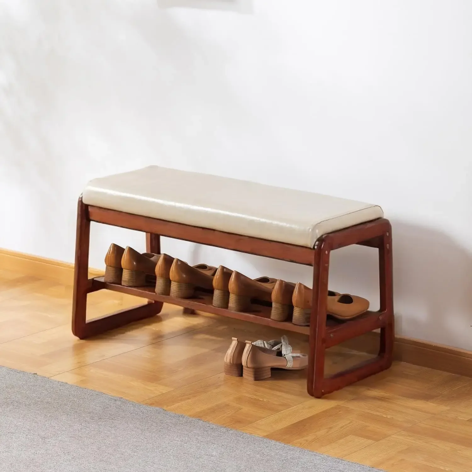 

Solid Wood Shoe Bench, 2-Tier Wooden Entryway Bench, Modern Shoe Rack with Faux Leather Cushion (Gray, 31.5'')