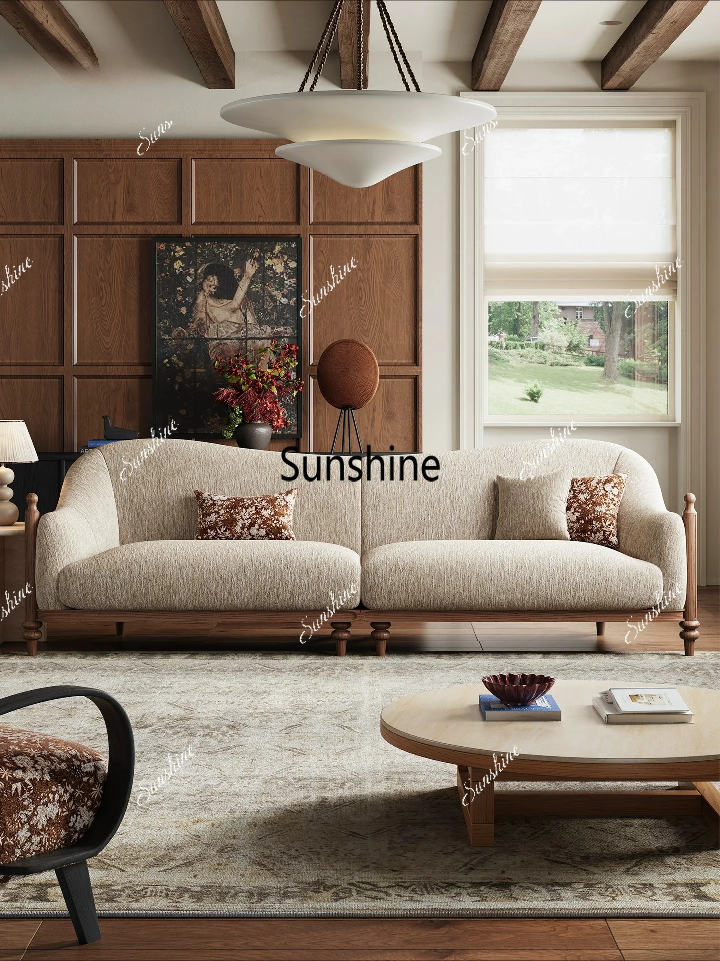 French retro small apartment living room three-person solid wood fabric sofa