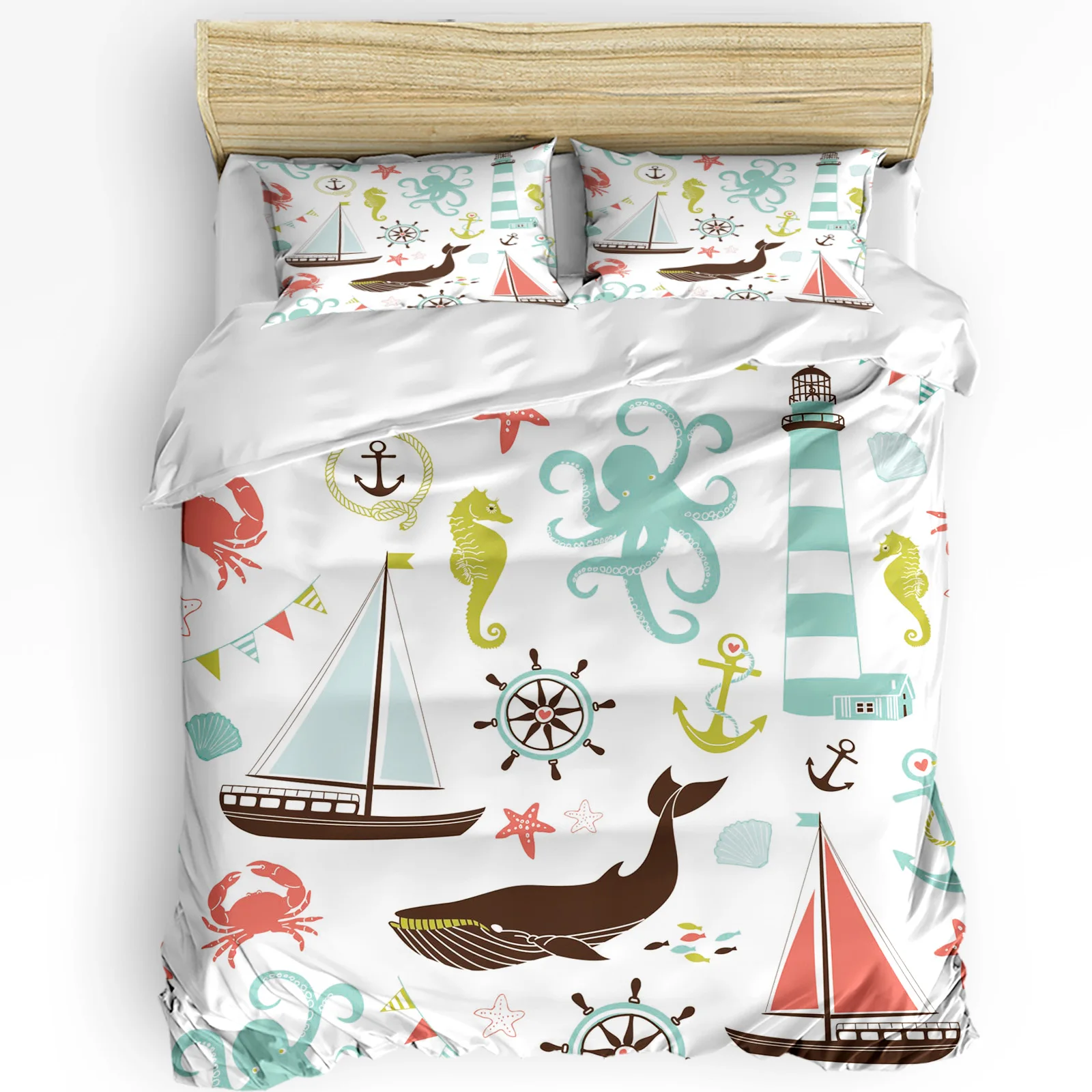 Whale Sailing Octopus Seahorse Lighthouse Duvet Cover with Pillow Case 3pcs Bedding Set Quilt Cover Double Bed Home Textile