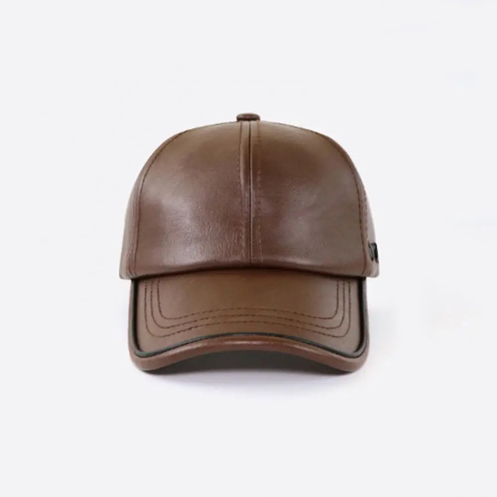 Solid Color Cap Adjustable Faux Leather Baseball Cap with Fleece Lining Windproof Hood Outdoor Hat Warm Solid Color Fall Winter