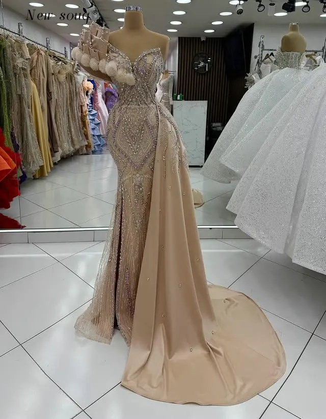 

Long Champagne One Shoulder Mermaid Evening Dresses 2026 Customized Arabic Crystals Beaded Wedding After Night Party Gowns
