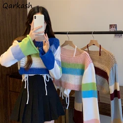 Cropped Pullovers for Women Colorful Hollow Out Cute Youths Spring Fashion Loose Sweet Knitwear Casual All-match Harajuku Girls