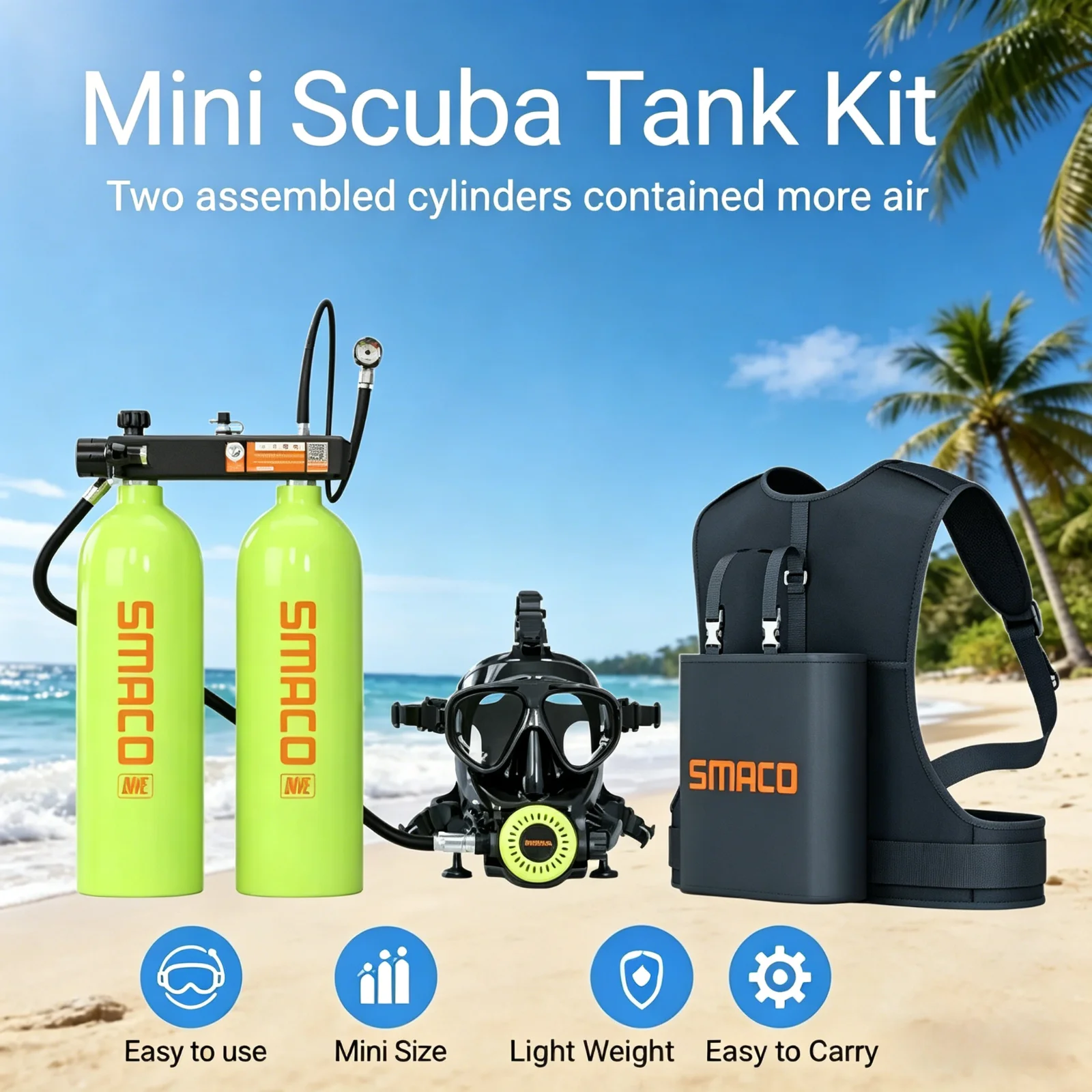 

SMACO 1.9L Mini Scuba Tank Kit with Full-Face Snorkel Mask Portable Lung Air Tank for Scuba Diving & Underwater Breathing