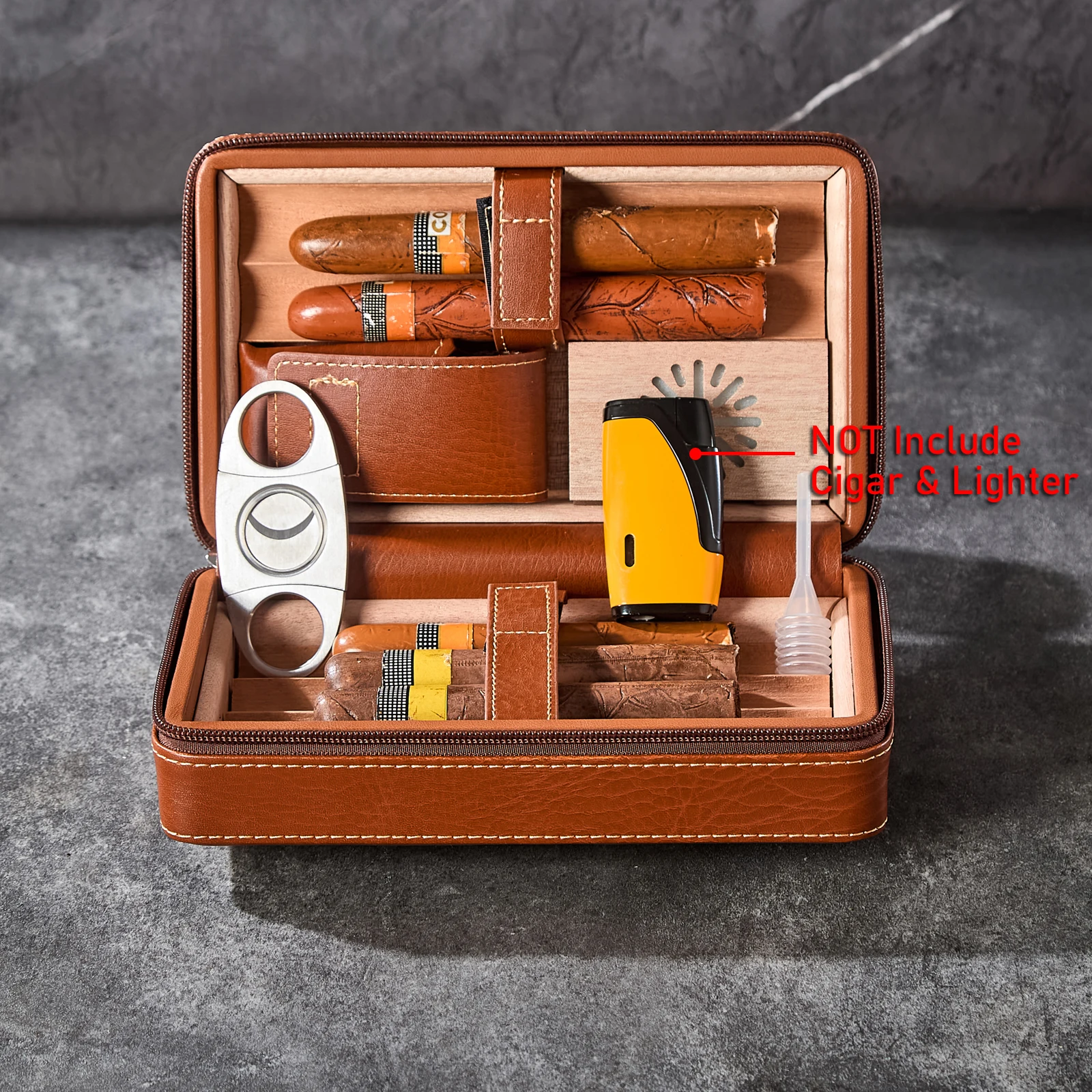 Premium portable cedar cigar box set with cigar cutter, ashtray, drill, humidifier, and towel. Humidor can hold up to 6 cigars