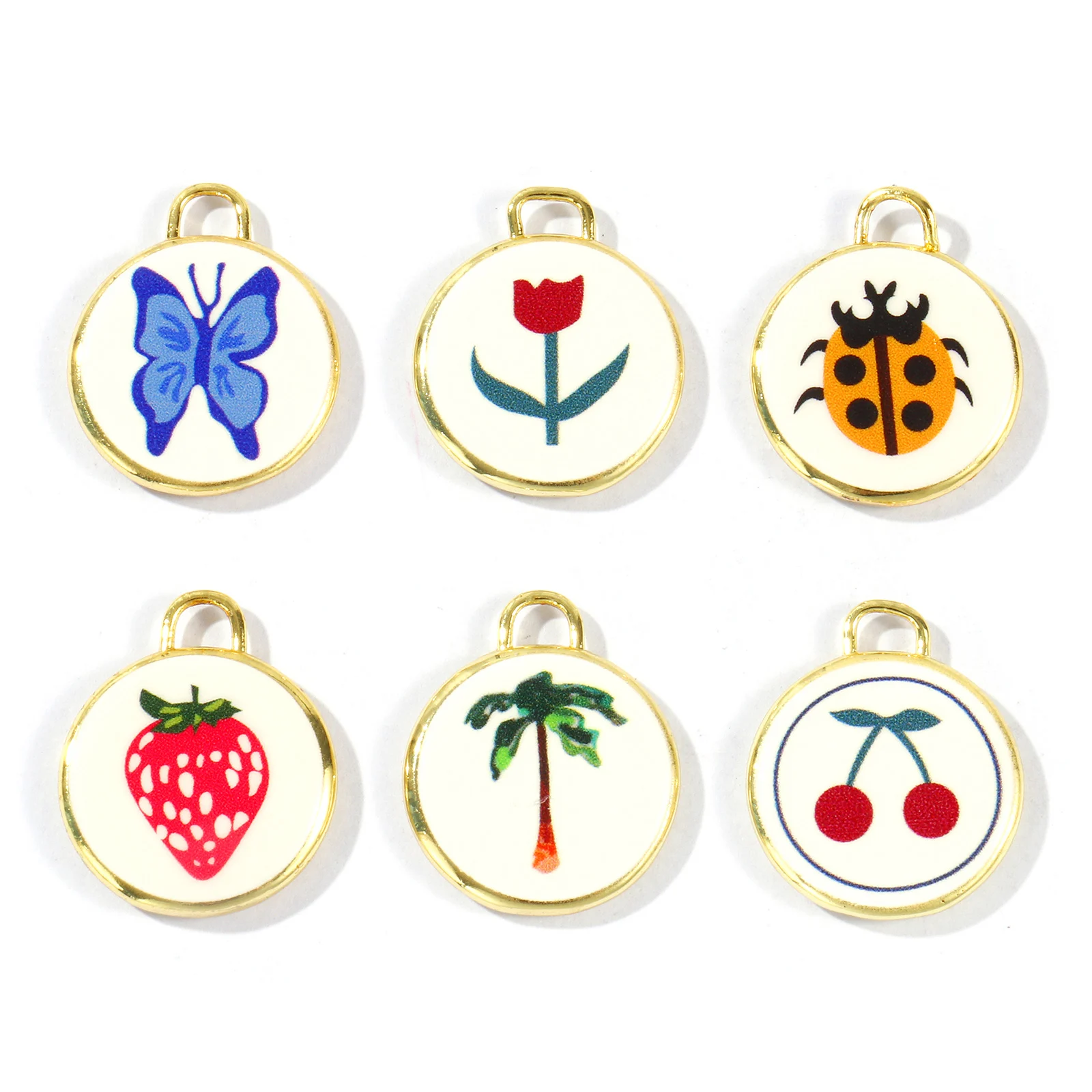 2pcs Brass Charms 18K Gold Plated Round Butterfly Flower Cherry Disc Printed Pendants DIY Necklace Earring Jewelry 20mm x 17mm