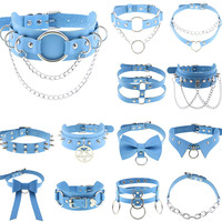 DIEZI Harajuku Vintage Goth Sky Blue PU Leather Necklace Women Men Sexy Cosplay Gothic Chian Choker Statement Necklace Jewelry