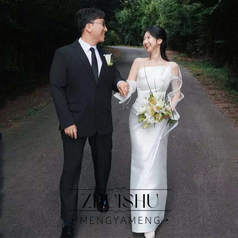 Elegant Mermaid Satin Long Wedding Dresses Photo Shoot Off the Shoulder Korea Bridal Gown Corset Customized 웨딩드레스 2027