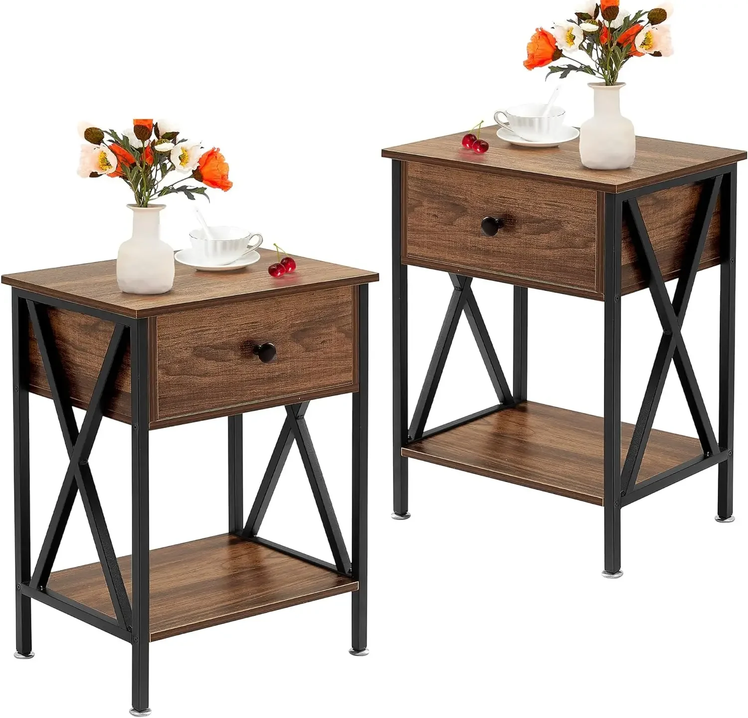 Nightstands Set of 2, Modern Side End Tables with Drawer and Storage Shelf for Living Room Bedroom, Industrial Wood