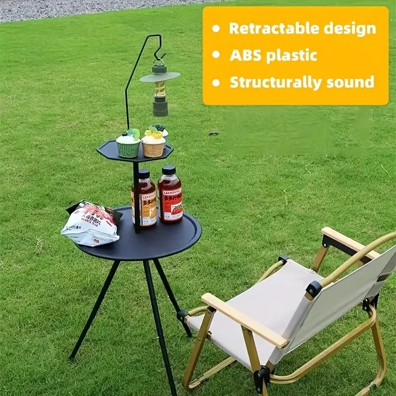 

1pc Classic Style Adjustable Height PE Outdoor Table - Portable Round C-Shaped Camping Table with Tripod Base and Storage Bag In