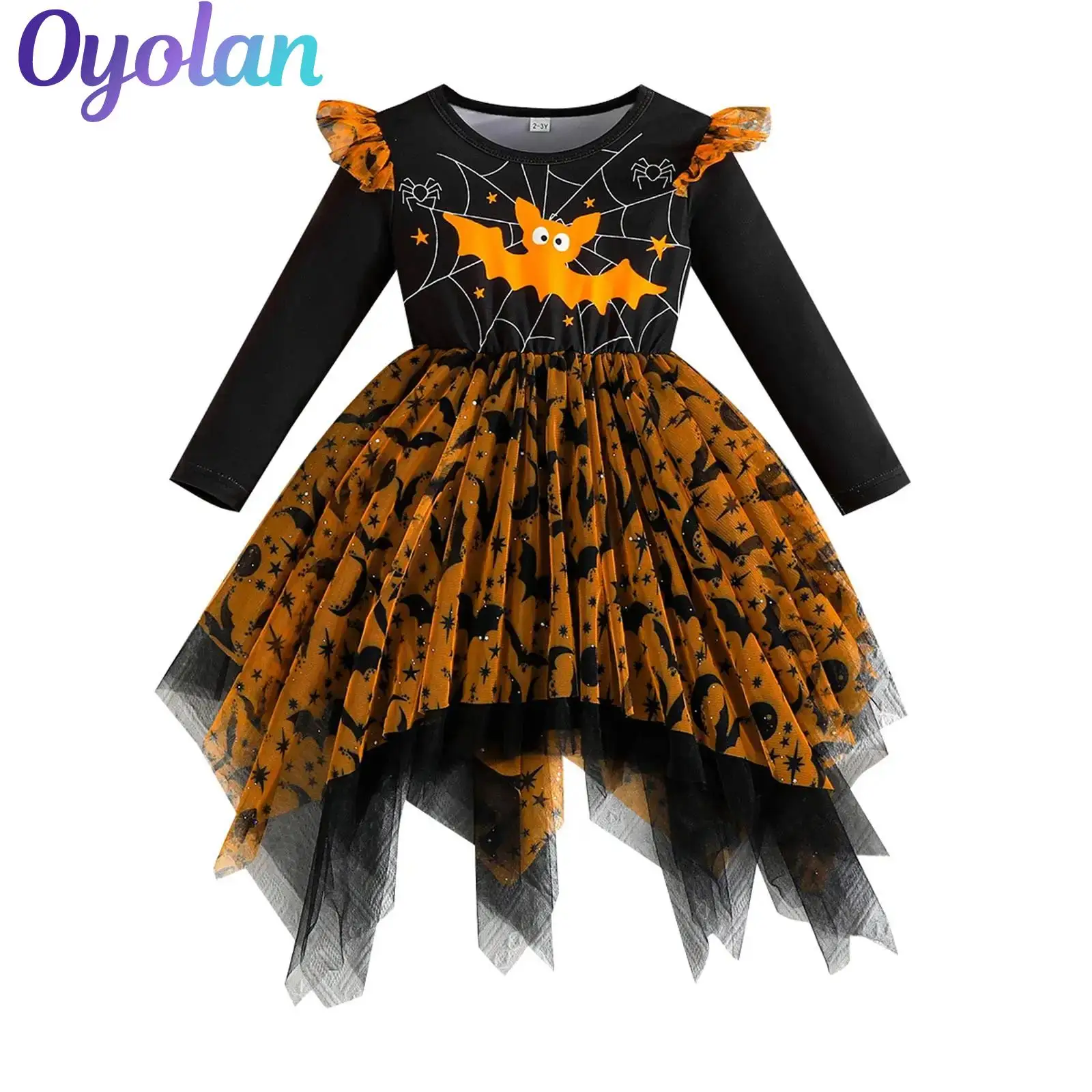 Disfraz de Cosplay de Carnaval para fiesta temática de Halloween, murciélago, araña fantasma, volantes, estampado de encaje, dobladillo Irregular, vestido de malla con volantes