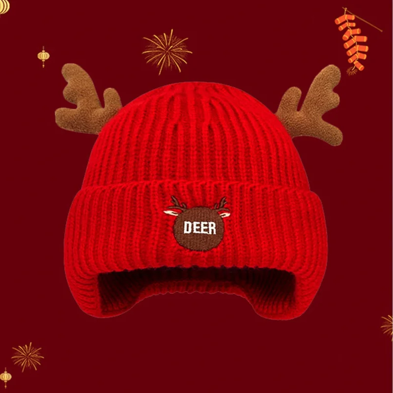 

Christmas Antlers Red Hat Women's Autumn/Winter Versatile Cute Knitted Wool Hat for Warmth