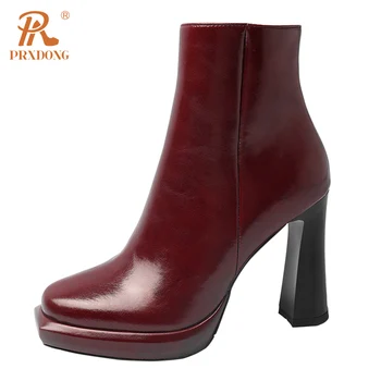 Women Warm Ankle Boots Genuine Leather Round Toe High Heels Retro Dress Party Office Lady Shoes Female Autumn Winter Size 34-39