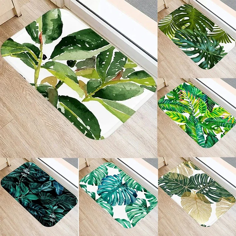 

Tropical Leaf Pattern Door Mat Watercolor Green Plant Rug, Non Slip Floor Protector for Home Bathroom and Balcony Decor
