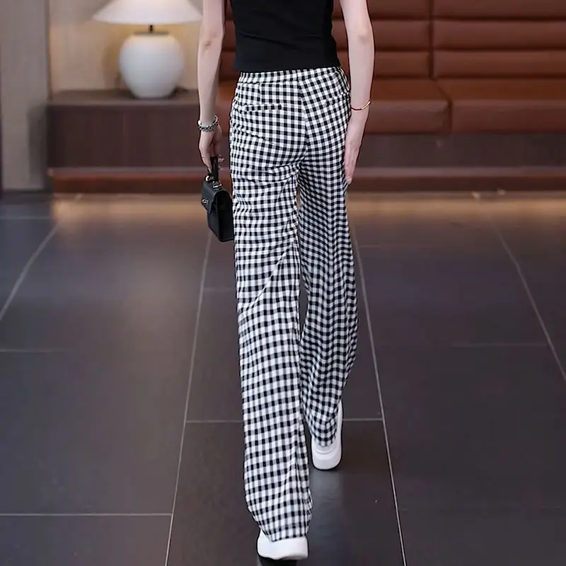 Spring Summer Checkered Pockets Contrast Color High Waisted Elastic Casual Loose Women\'s Clothing Wide Leg Trousers Pants