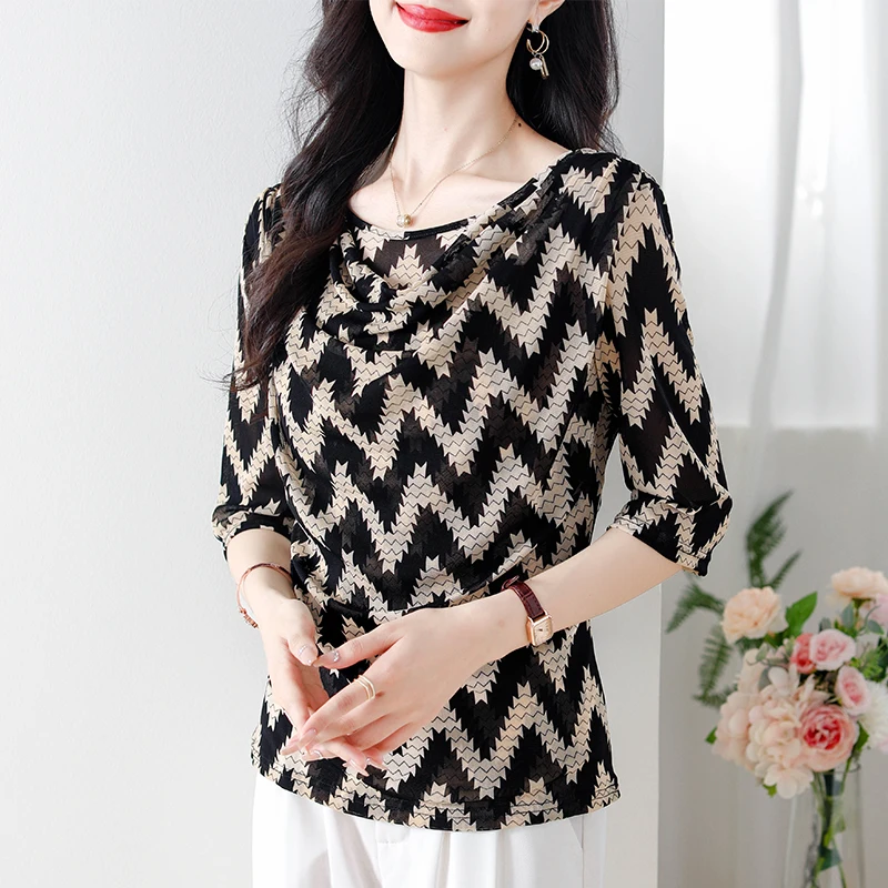 Women Summer Korean Fashion Slim Wave Lace O-neck 3/4 Sleeve Chiffon Shirts Women Clothes Casual All-match Appear Trend Tops