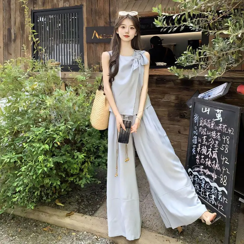 

Women Clothes Summer Fashion Casual Drawstring Solid Color O-neck Female All-match Sleeveless Tops Appear Thin Trousers Suit